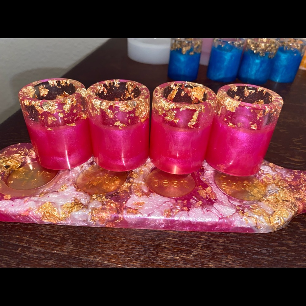 Hand made shot glasses and holder or paddle